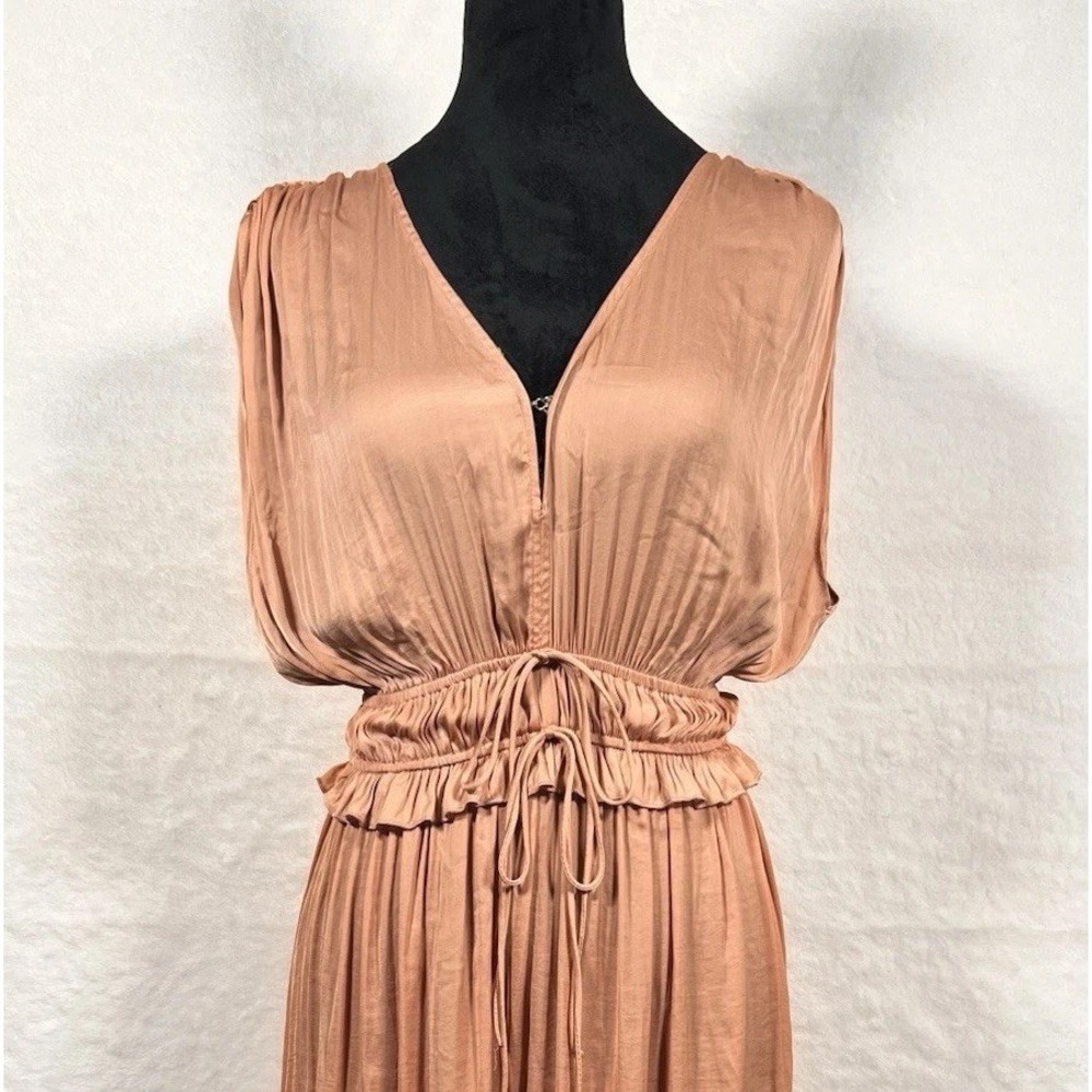 H&M V Neck Ruffle Tie Waist Midi Dress Peach Rose Size 2 Satin
